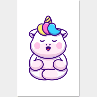 Cute baby unicorn meditation cartoon Posters and Art